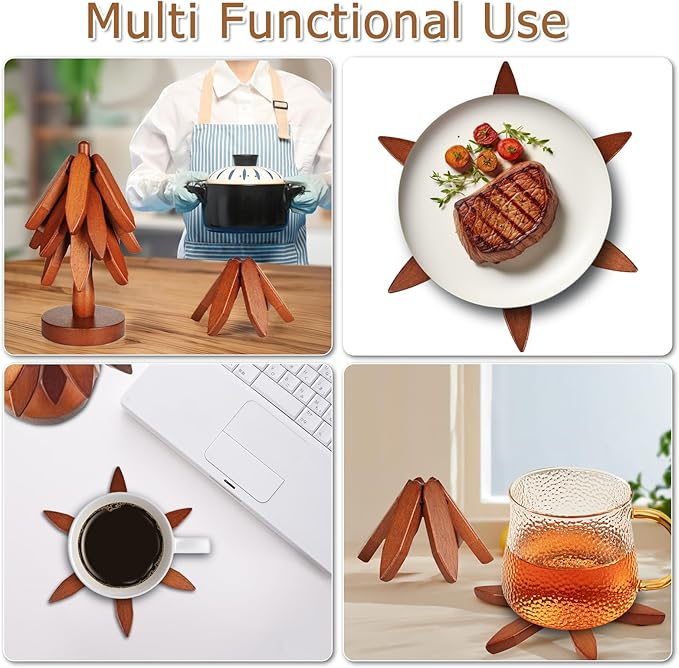 Wooden Trivets for Hot Dishes, Tree Shape Trivet Set, Foldable Kitchen Wooden Trivets, Tree Coaster for Hot Dishes、Pot、Bowl、teapot、hot Pot Holders (4 Piece-Original Wood)