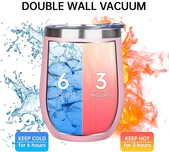 MEZMUT 12oz Insulated Wine Tumbler with Lid Double Wall Vacuum Stainless Steel Wine Glass Coffee Mug Insulated Tumbler Cup for Champaign, Cocktail, Beer (Pink, 1 Pack)