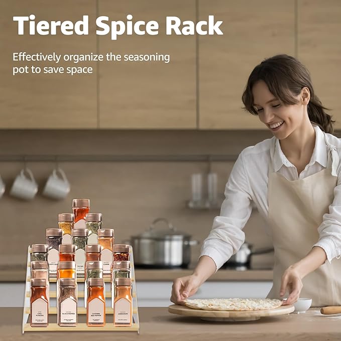 nianfeng Tiered Spice Rack, 6-Tier Spice Pantry Kitchen Cabinet Organizer, 16-Inch, Natural Wood Acrylic Stair Riser Stand, Countertop Seasoning Shelf
