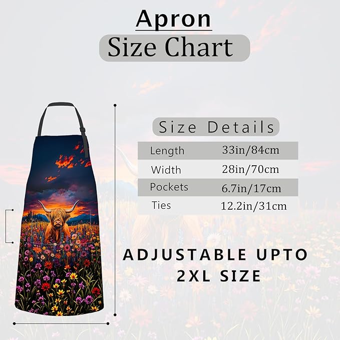 Flower Highland Cow Apron,Oxford Fabric Adjustable Kitchen Apron with 2 Pockets,Waterproof Cooking Aprons for Men Women Mom Wife Dad,Ideal Gifts for Coffee House,Shop,Baking,BBQ,28x33in