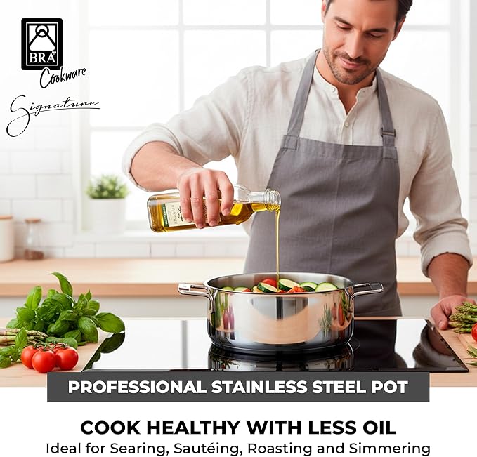 BRA COOKWARE Signature Stainless Steel Stock Pot w/Glass Lid | 9.5 Inch 4 Quart Professional Grade Cooking Pot | PFOA Free Deep Pot | All Cooktops | All Cooktops (incl. Induction) & Oven Safe