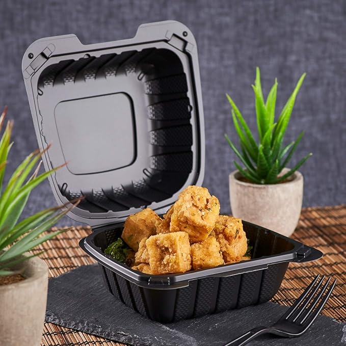 KARAT EARTH Clamshell Take Out Food Containers [6"x6" - 400 ct] To Go Containers | Microwavable, Freezer Safe, Soak-Resistant, Durable, Stackable | Vented for Hot/Cold Foods, Black