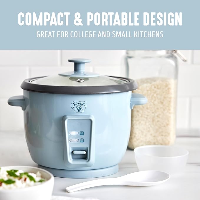GreenLife Rice Cooker with Removable PFAS-Free Nonstick Pot, 3-Cups Uncooked/6-Cups Cooked, One-Switch Design, Auto Keep Warm Function, Soup, Grains, Oatmeal, Wood Handle, Blue