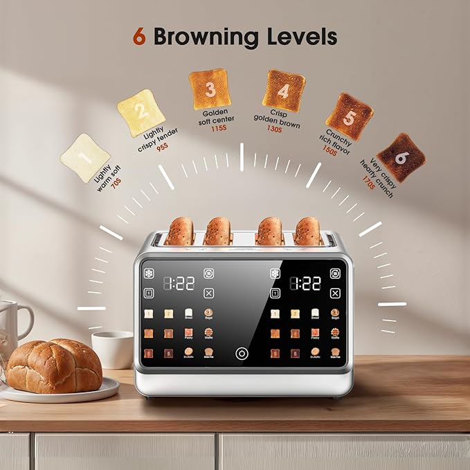 Touch Screen Toaster 4 Slice, Digital Smart Dual Control Touchscreen, Stainless Steel, 6 Toast Types & Levels include Bread, Bagel, with Defrost/Reheat/Single Slot Toasting Function