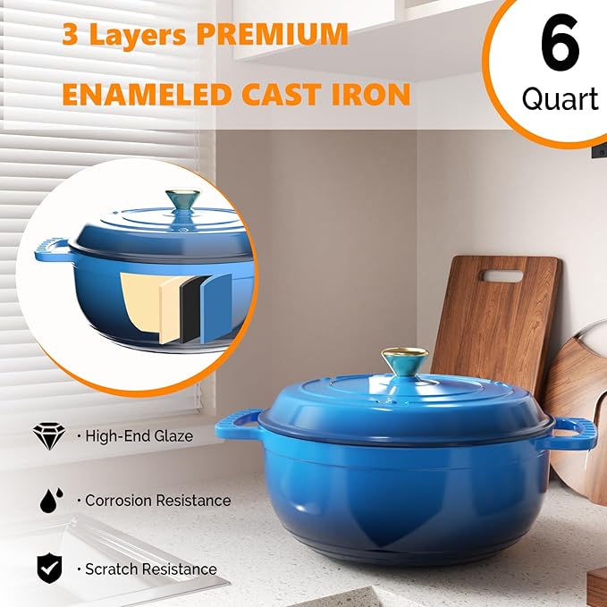 ROVSUN Enameled Cast Iron Round Dutch Oven, 6QT Pot with Lid &Dual Handles with Silicone Gloves,Oven Safe up to 500°F, Heavy-Duty Pre-Seasoned Cookware for Bread Baking, Braising, Stews, Roasting, Blue