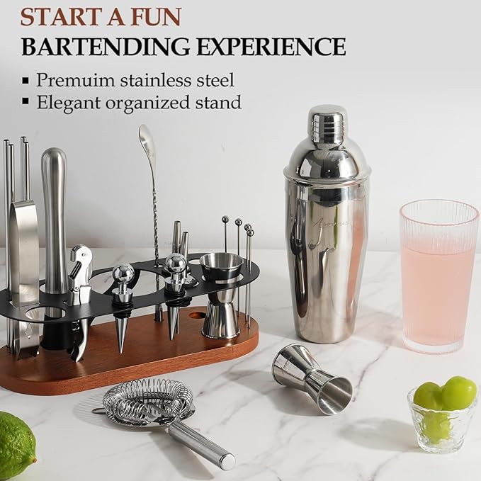 23-Piece Bartender Kit, Cocktail Shaker Set with Stand | Bar Drink Mixer Set with All Essential Bar Tools: Martini Shaker, Jigger, Strainer, Pourers, for Home, Bar, Party (Brown-y)
