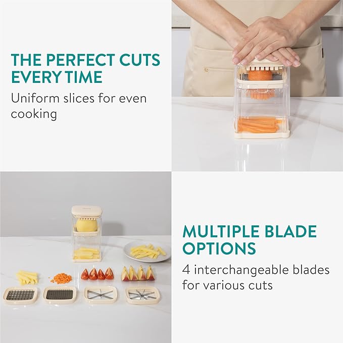 Navaris Multifunctional Vegetable Chopper - French Fry Cutter, Food Chopper, Potato Cutter, Onion Dicer, Apple Slicer, 4 Interchangeable Blades - Dishwasher Safe - Cream