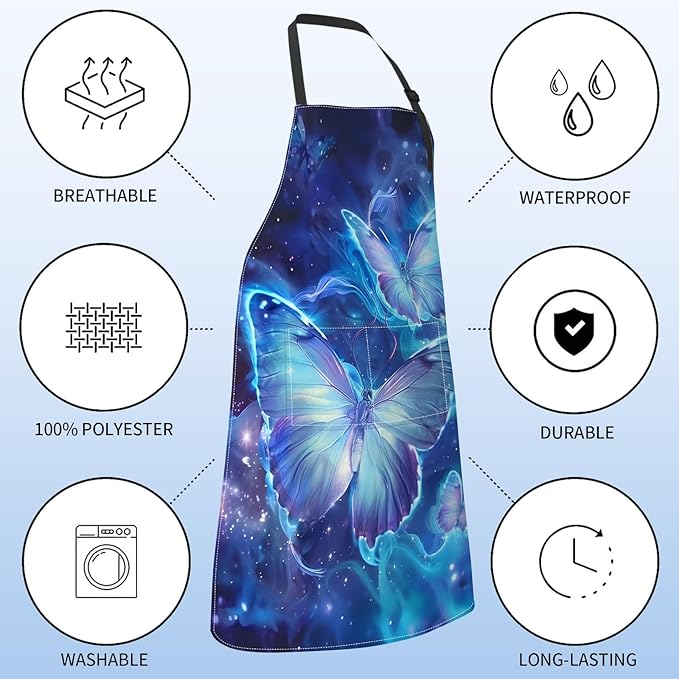 Glowing Blue Butterfly Apron for Women with Galaxy,28x33in,Cosmic Kitchen Aprons with 2 Pockets,Oxford Fabric,Artistic Adjustable Apron for Cooking Baking Gardening Chef,Gifts for Mom Wife