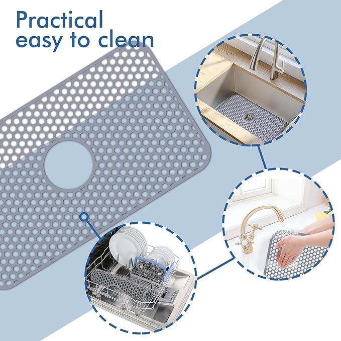 Silicone Sink Mat - 24.8''x13'' Sink Protector for Kitchen Sink with Center Drain - Kitchen Grid Accessory, Non-slip Heat Resistant Mat for Bottom of Farmhouse Stainless Steel (Center Hole)