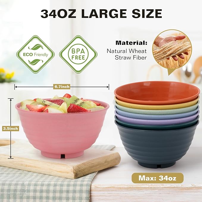Wheat Straw Bowls, 34 Oz Large Microwave Dishwasher Safe Plastic Cereal Soup Bowls Sets of 8 Reusable, Unbreakable Deep BPA-Free for Ramen Salad Noodle, Multicolor