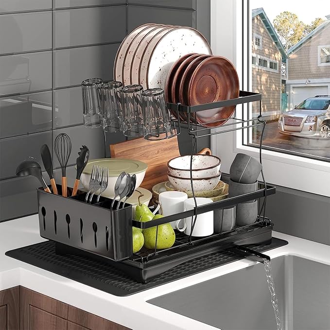 Large Dish Drying Rack for Kitchen Counter, Detachable Large Capacity Dish Drainer Organizer, 2-Tier Dish Racks with Utensil Holder