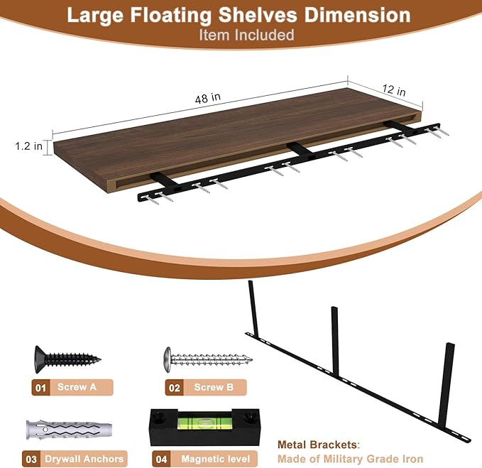 12 Inch Deep Floating Shelves for Wall 3 Pack Floating Shelfs Large Storage Space Wall Decor Display Shelf for Bathroom Living Room Bedroom Kitchen 48" W x 12" D x 1.2" H Walnut