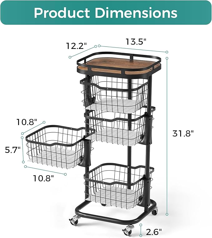 4 Tier Kitchen Fruit Vegetable Storage Cart with One-Piece Rotating Basket, Pantry Organizer Shelf Rack Floor Stand for Veggie Onion Potato Produce Spice, Rolling Snack Cart on Wheels, Black