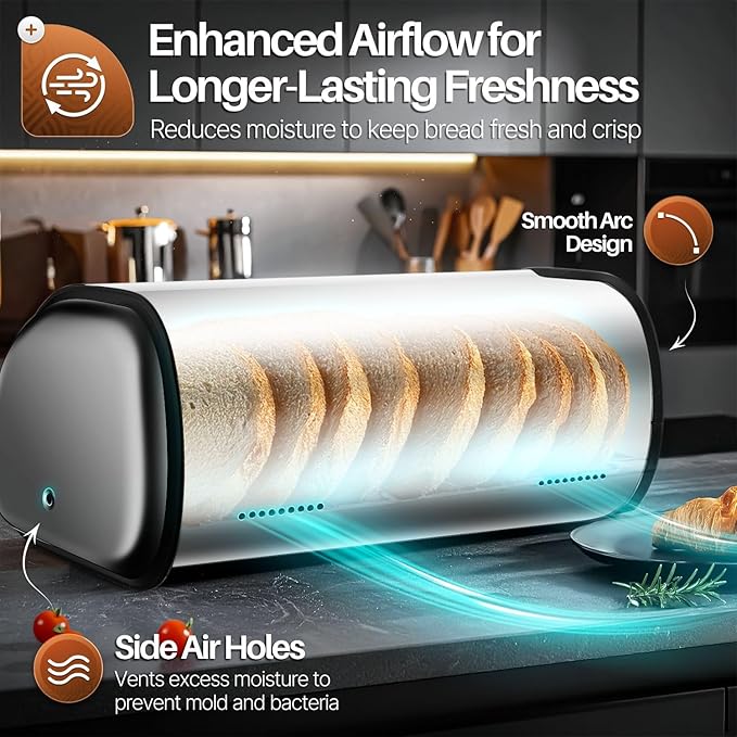 Flexzion Stainless Steel Bread Box for Kitchen Countertop (13 inch) Metal Bread Storage with Roll Up Lid & Front Window for Restaurant & Homemade Cakes, Buns, Pastries, Pancakes, Cookies
