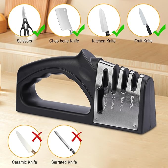 4-in-1Manual Knife Sharpener Suitable for kitchen knives, fruit knives, steel knives, scissors, and 3-level precision sharpening.Non slip base, suitable for home use (black)