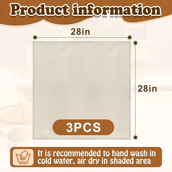 3pcs 100% cotton Tea Towels for Baking Sourdough - 28" Unbleached Bread Basket Flour Sack Towels, Proofing Cover Cloth for Dough Raising Baguettes Loaves Ciabatta, Bread Making Accessories Bakers Gift