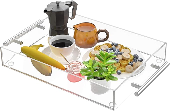 Richboom Clear Acrylic Serving Tray 16"x12" - Coffee Table Living Room Kitchen Decorative Tray with Silver Metal Handles, Bathroom Vanity Tray Perfume Cosmetic Storage Organizer