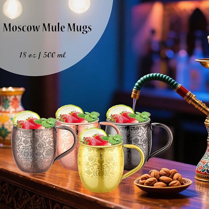 Moscow Mule Mugs - 18 Oz Copper-Plated Fine Craftsmanship Etched Mugs,304 Stainless Steel-Lined Mule Cups,For Cold Drinks, Beer, Wine, Bars, Parties