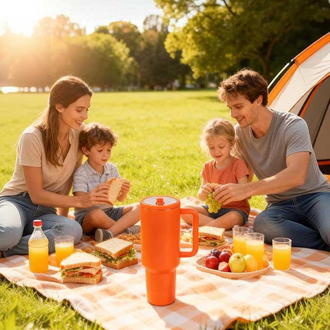 40 oz Insulated Tumbler with Handle,Flip Straw,Lid & Rubber Base Stainless Steel Water Bottle - Leak Proof Vacuum Insulated Mug BPA Free Reusable Travel Cup Gifts for Women/Men (Orange)