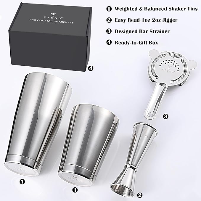 Professional Cocktail Shaker - Weighted Boston Shaker Set with Hawthorne Strainer & Japanese Jigger for Drinks - Stainless Steel Bartender Kit for Mixology