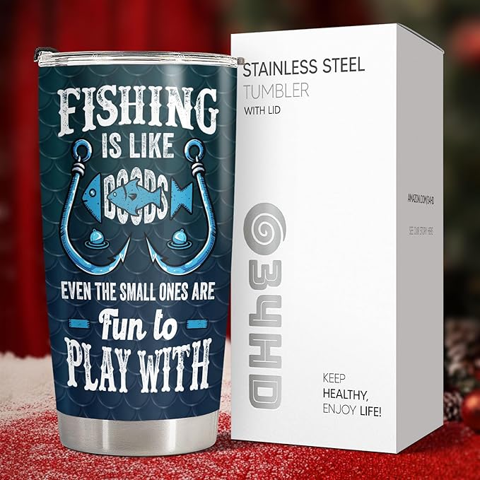 34HD Bass Fishing Tumbler with Lid, 20 oz Stainless Steel Vacuum Insulated Amerian Flag Mug, Cool Fishing Gifts for Men, Fisherman Gifts for Birthday Fathers Day Christmas