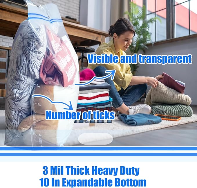 25 Gallon Jumbo Storage Bags with Handle, 15 Count | Double Zipper Seal | Expandable Bottom, Resealable Clear zip Bags for Home, Travel, Moving, Commercial and Outdoor