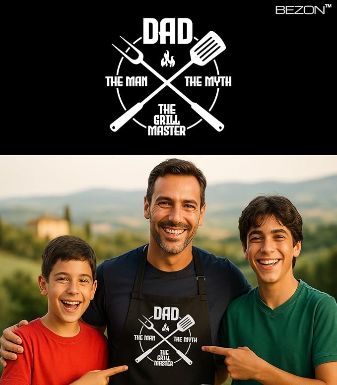 BEZON Funny Grill Apron for Men – Beer Can Gift Packaging – Hilarious BBQ Gift for Dad, Husband, or Friend – Heavy-Duty Water-Resistant Canvas – Dad - The Man, The Myth, The Grill Master