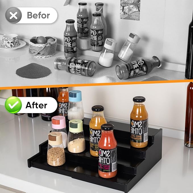 Spice Rack Kitchen Cabinet Organizer: 4 Tier Bamboo Expandable Spice Storage Display,Spice Shelves Adjustable Seasoning Organizer (Black)