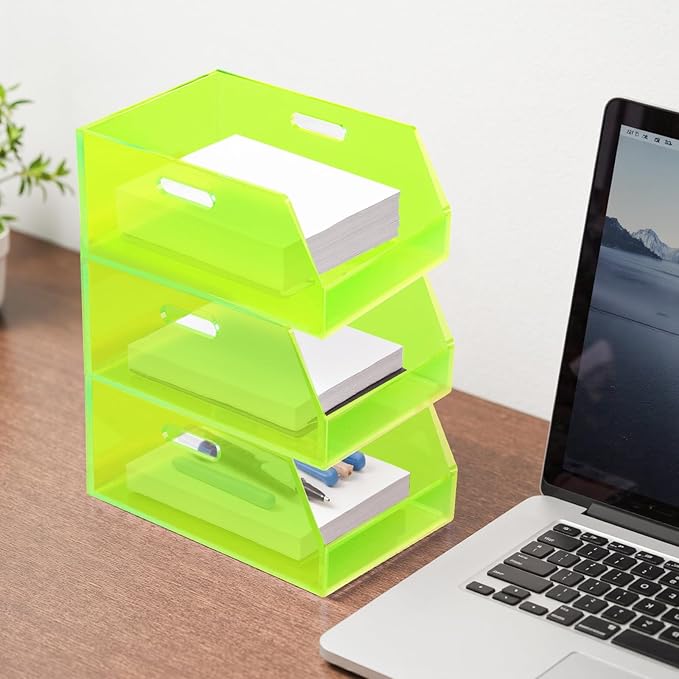 Gelite Stackable Large Storage Bin Organizer with Handles Acrylic Storage Container for Toy Pantry Kitchen Cabinet Bathroom Closet Office Organization, 15.4x11.4x6.7'', Neon Green