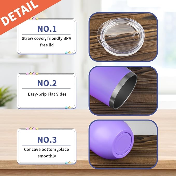 StarSpeed 12oz/6 Pack Wine Tumbler with lid, Stainless Steel Travel Mugs Stemless Double Wall Insulated Coffee Cup, Insulated Wine Glasses Travel Tumbler for Cold & Hot Drinks(Purple, 6)