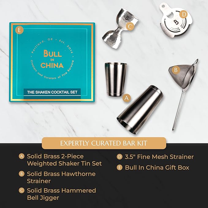 5 Piece Cocktail Kit by Bull In China - Premium Bartender Gift Set Includes Weighted 2 Piece Boston Shaker, Hammered Bell Jigger, Hawthorne Strainer & Fine Mesh Strainer (Gold)