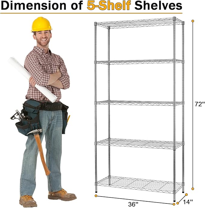 5-Shelf Metal Shelving Adjustable 1250Lbs Capacity, Storage Shelves for Garage Laundry Bathroom Kitchen Pantry Closet, NSF Certified Steel Organizer Wire Rack,Chrome, 72" H x 14" D x36 W