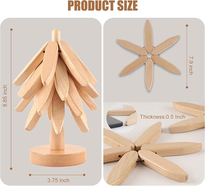 Wooden Trivets for Hot Dishes, Tree-Shaped Wooden Trivet Set, Includes 4 Trivets with Stand, Beech Wood (Walnut)