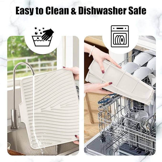 Dish Drying Mat, Stone Drying Mat for Kitchen Counter with Built-in Drain, Non-Slip Drying Matt Kitchen Counter, Heat Resistant Silicone Drying Mat, Dish Drying Pad, 2 Pcs(15.8"X 13", Cream)