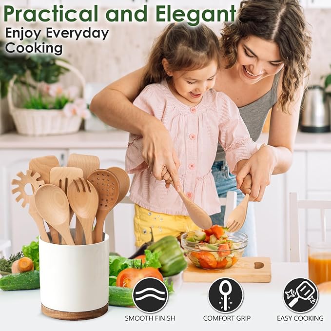 Wooden Spoons for Cooking, 8-Piece Natural Beech Wood Cooking Utensils Set – Wooden Kitchen Utensils Set, Nonstick Safe Non-Toxic Wooden Cooking Tools by HOWHONG