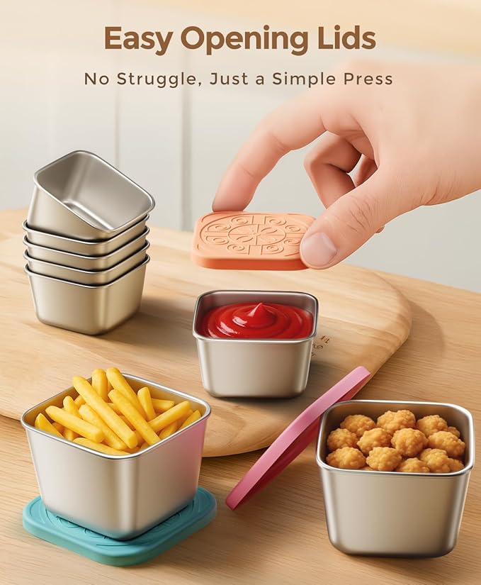 6 Pack 6oz Stainless Steel Snack Containers and 2oz Salad Dressing To Go Containers with Silicone Lids, Reusable Square Meal Prep Condiment Sauce Containers Lunch Box Accessories