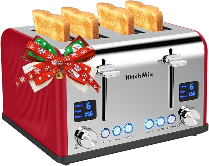 Toaster 4 Slice, KitchMix Bagel Stainless Toaster with LCD Timer, Extra Wide Slots, Dual Screen, Removal Crumb Tray (Red)