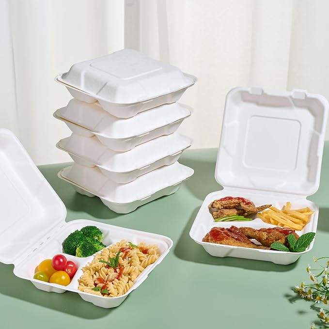 JOLLY CHEF Clamshell Take Out Food Containers, [8 * 8" 50-Pack] 3-Compartment To Go Containers Disposable, Sugarcane To Go Boxes for Salad,Lunch