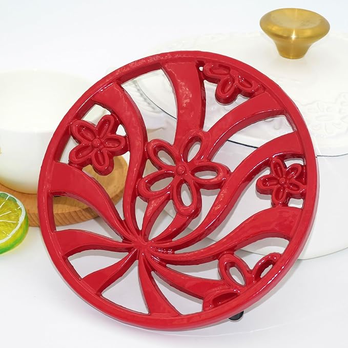 Vintage Cast Iron Trivet, Heat-Resistant Metal Trivet for Hot Dishes Pots Pans with Daffodil Pattern for Tabletop Protection, Red