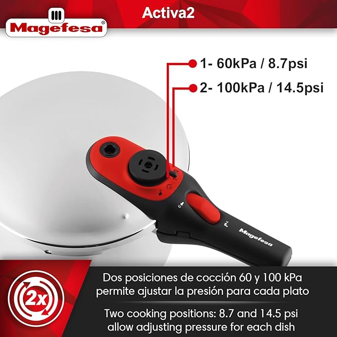 Magefesa Activa2 5.3-Quart Stainless Steel Pressure Cooker – 2 Cooking Programs, Works on All Stovetops, Red Handle