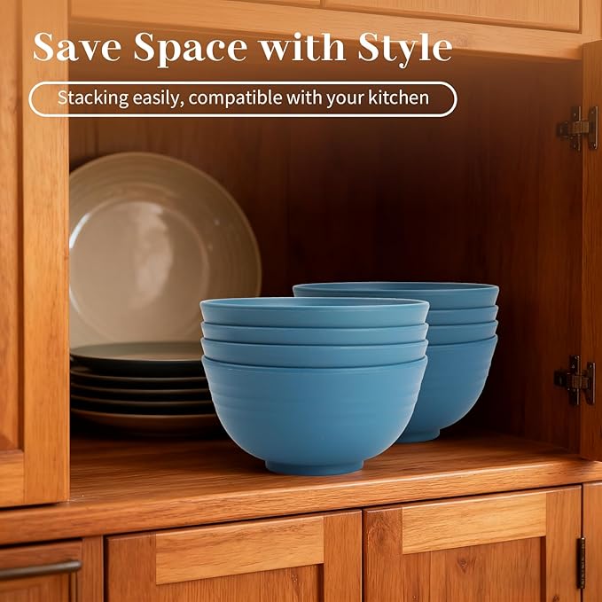 Bowls for Kitchen 8 PCS, Unbreakable Wheat Straw Bowl 26 OZ, Alternative to Plastic Bowls Reusable, Microwave and Dishwasher Safe Serving Bowl for Dinner, Breakfast, Outdoor - Blue