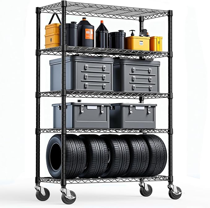 5-Tier 2200LBS Storage Shelves,Adjustable Wire Shelving for Pantry Organizers and Storage Heavy Duty Garage Shelving for Kitchen, Basement,Warehouse(Black,17,7Dx 47.2" W x 76.7" H)