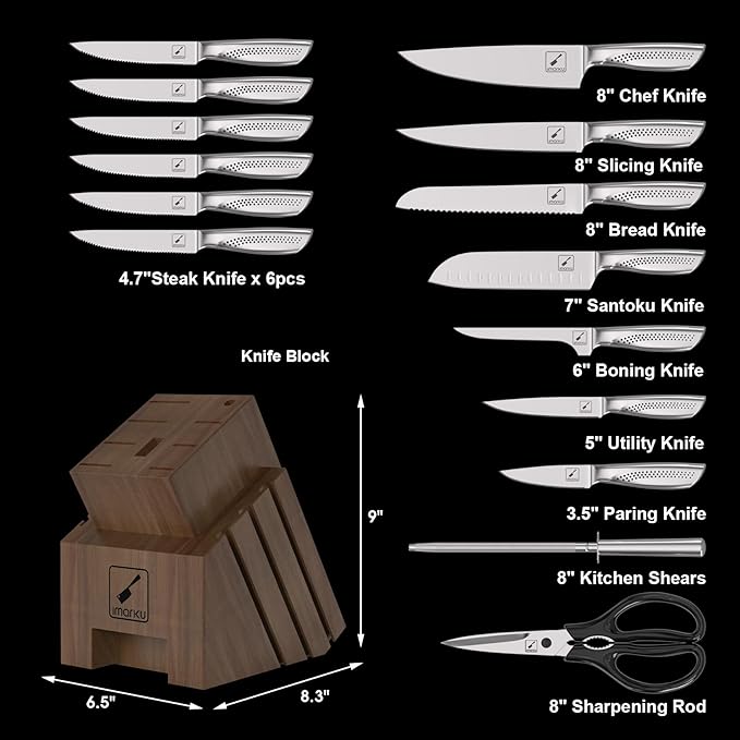 imarku Knife Set, 16PCS High Carbon Stainless Steel Kitchen Knife Sets with Block Ultra Sharp Knife Block Set, Japanese Knife Set with Dotted Non-slip Ergonomic Handle, Dark Brown, Best gifts