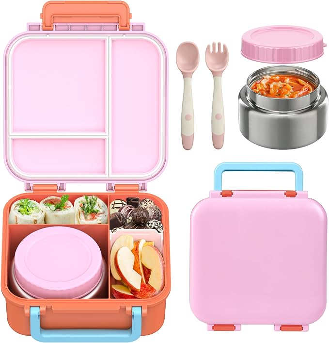Bento Box for Kids with Soup Thermos(9oz)– Kid Bento Lunch Box with Leak Proof Insulated Food Jar, Hot & Cold Lunch Container Set for School Girls Boys, 4-Compartments, Pink/Orange