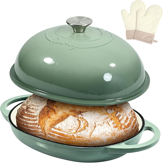 Davivy 6QT Oval Bread Dutch Oven with Silicone Oven Mitts, Enameled Cast Iron Bread Cloche Dutch Oven for Sourdough 6QT, Cast Iron Sourdough Bread Baking Pan with Domed Lid - Sea Salt Green
