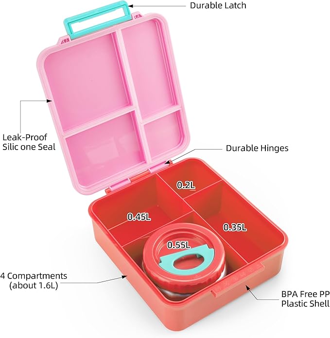 Bento Lunch Box for Kids With 8oz Soup Thermo,Leak-proof Lunch Containers with 4 Compartment,Thermo Food Jar, Food Containers for School(Vermilion)