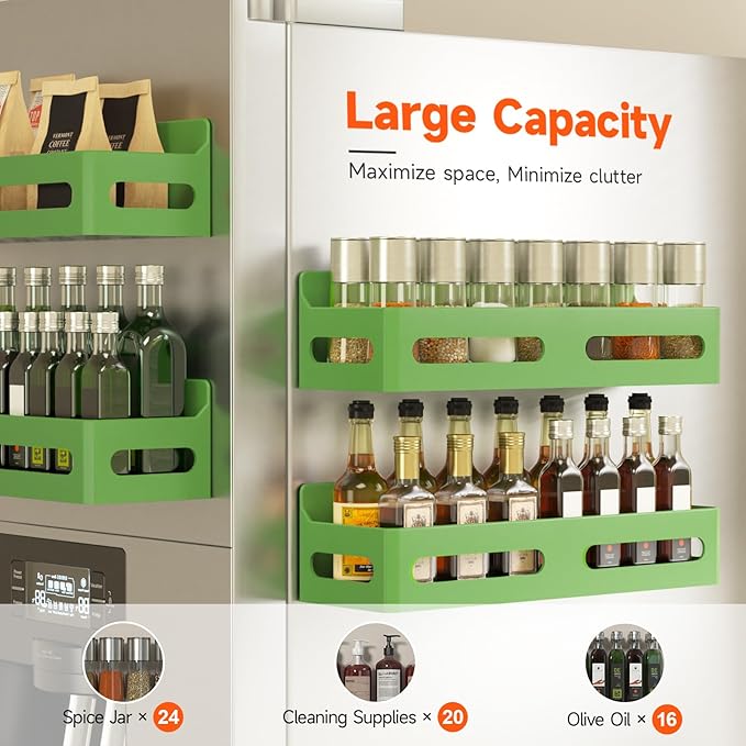 4 Pack Magnetic Spice Rack for Refrigerator, Spice Rack Organizer, Moveable Magnetic Shelf Fridge Organizer with 4 Hooks for Kitchen and Oven Organization, Green
