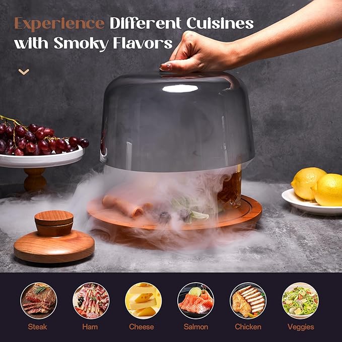 Cocktail Smoker Kit with Wooden Base and Glass Dome, Perfect for Infusing Smoky Flavors into Old Fashioned Cocktails, Whiskey, and Foods with Included Wood Chips