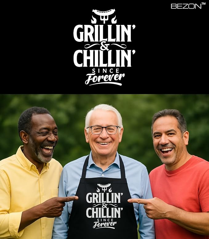BEZON Funny Grill Apron for Men – Beer Can Gift Packaging – Hilarious BBQ Gift for Dad, Husband, or Friend – Heavy-Duty Water-Resistant Canvas – Grillin’ & Chillin’ Since Forever