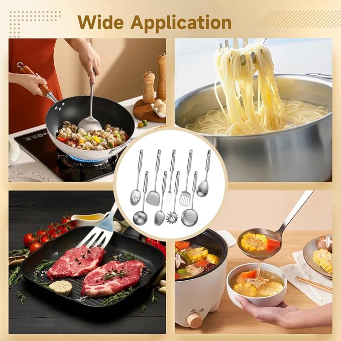 9 PCS Stainless Steel Cooking Utensils, Kitchen Serving Utensil with Long Handle & Hanging Hole, Skimmer, Ladle, Spatula, Slotted Spoon, Pasta Server, Meat Fork, Dishwasher Safe